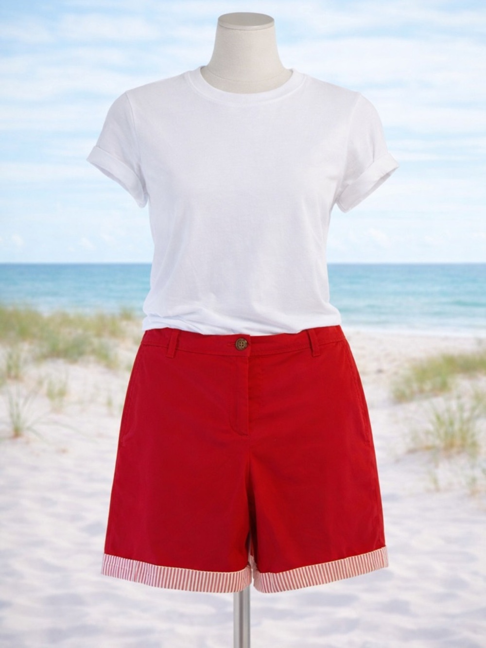 Talbots Red Chino Shorts Seersucker Trim Cuffed Coastal Preppy Size 10